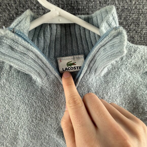 Lacoste Men Sweater Pullover 1/4 Zip Light Blue Knit Pure Wool Croc Logo Adult - Picture 3 of 14
